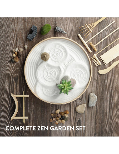 Kit de Jardín Zen Navaris - Mini Jardín de Arena Blanca - 17 Piezas