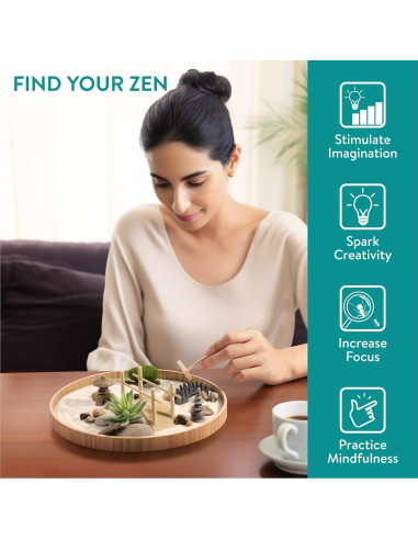 Kit de Jardín Zen Navaris - Mini Jardín de Arena Blanca - 17 Piezas