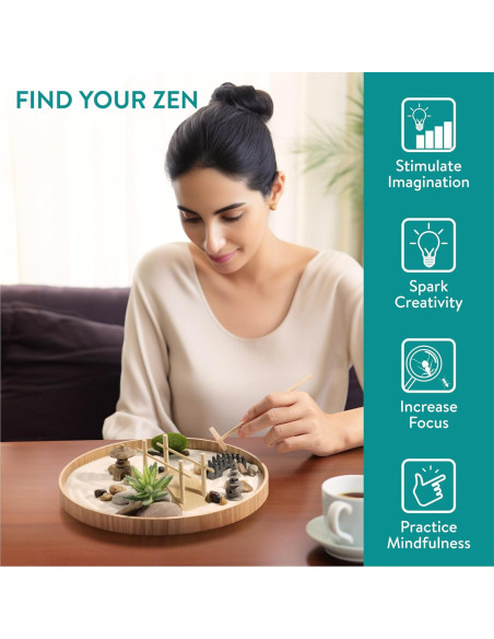 Kit de Jardín Zen Navaris - Mini Jardín de Arena Blanca - 17 Piezas