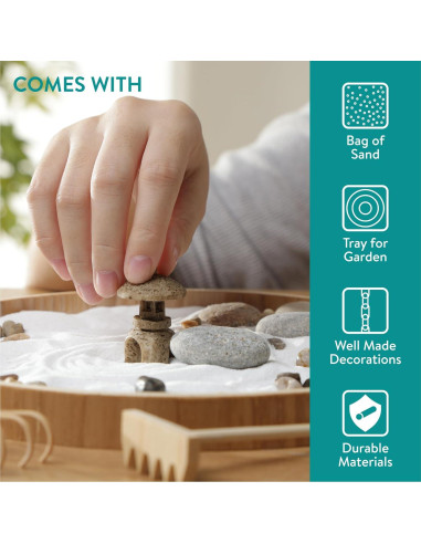 Kit de Jardín Zen Navaris - Mini Jardín de Arena Blanca - 17 Piezas