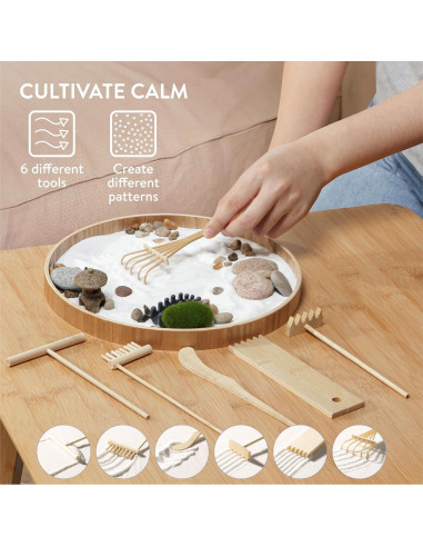 Kit de Jardín Zen Navaris - Mini Jardín de Arena Blanca - 17 Piezas