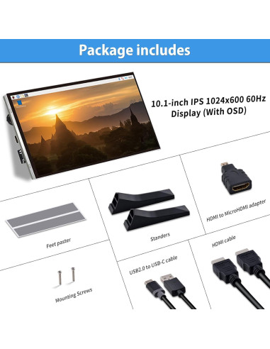 Pantalla LCD GeeekPi 10.1" IPS 1024x600 para Raspberry Pi