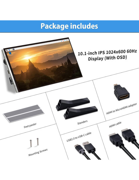 Pantalla LCD GeeekPi 10.1" IPS 1024x600 para Raspberry Pi