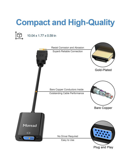Adaptador HDMI a VGA Moread 1080p Negro para PC y Proyector