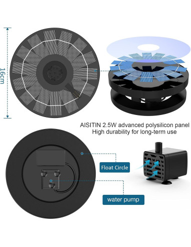 Bomba de Fuente Solar AISITIN 2.5W para Jardín y Estanques
