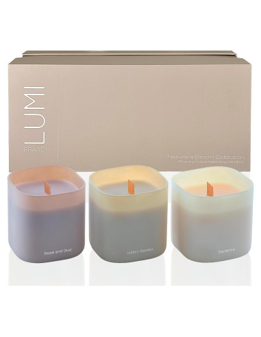 Juego de 3 Velas Aromáticas de Soja Lumi - Gardenia, Hilton Garden y Rosa & Oud - 50 Horas Quema Limpia
