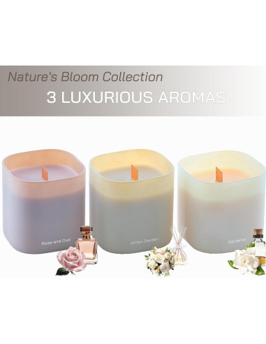 Juego de 3 Velas Aromáticas de Soja Lumi - Gardenia, Hilton Garden y Rosa & Oud - 50 Horas Quema Limpia