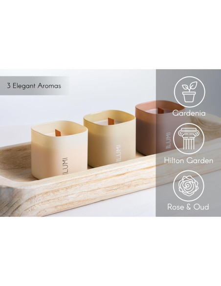 Juego de 3 Velas Aromáticas de Soja Lumi - Gardenia, Hilton Garden y Rosa & Oud - 50 Horas Quema Limpia
