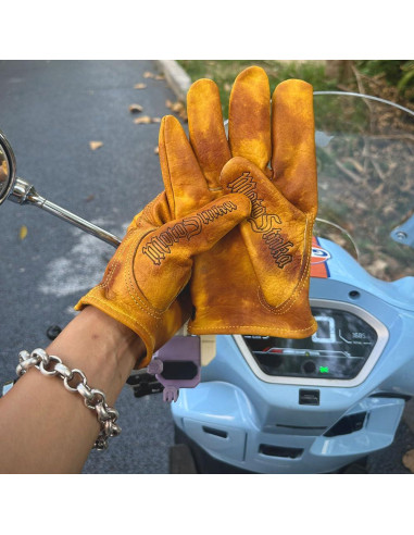 Guantes de motocicleta de cuero yak retro hechos a mano - XL