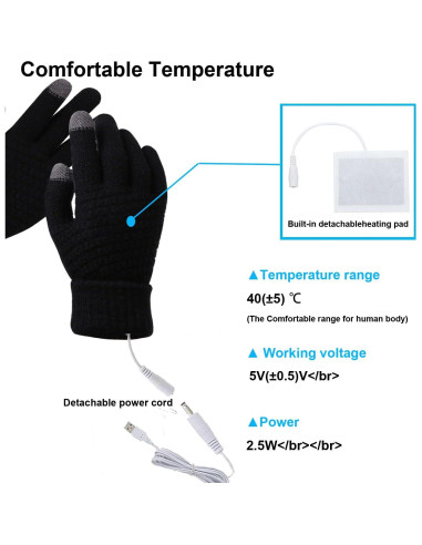 Guantes Calentados por USB Genérica FGF-CPQZST-BK Táctiles