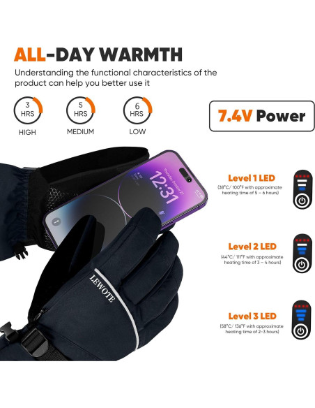 Guantes Calentados LEWOTE XL Impermeables Táctiles para Esquí