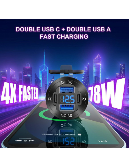 Cargador USB 4 Puertos Hapytrip 12V 78W con Voltímetro LED