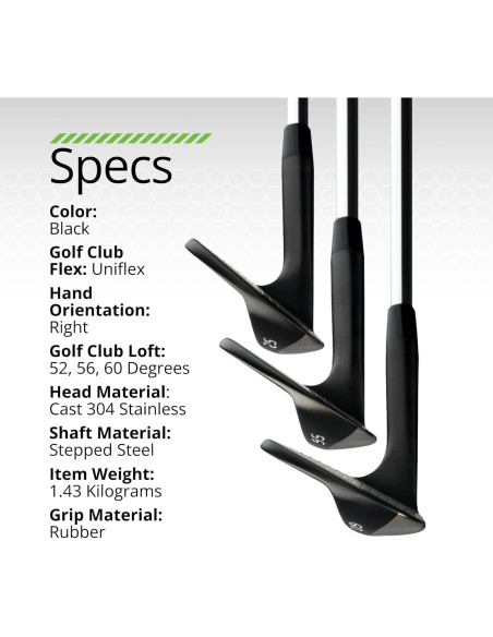 BombTech - Juego de Wedges de Golf 52, 56, 60 Grados - Negro