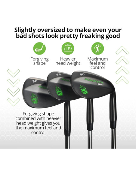 BombTech - Juego de Wedges de Golf 52, 56, 60 Grados - Negro