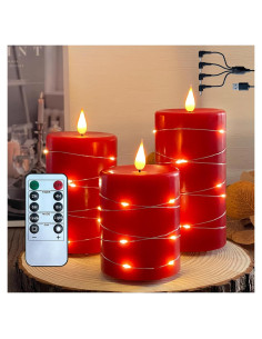 Set de 3 Velas LED Recargables Sin Llama Rojo con Control Remoto