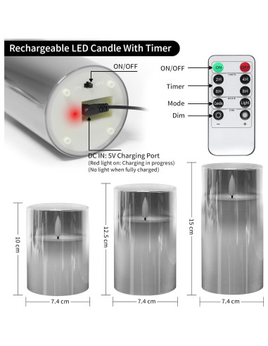 YiaMia Vela LED Recargable con Control Remoto - 3 Piezas