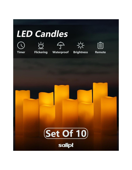 Juego de 10 Velas LED Parpadeantes Salipt - Marfil a Prueba de Agua