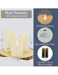 Juego de 3 Velas LED Sin Llama TECHLONG con Temporizador 3D 2