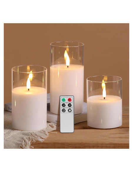 Juego de 3 Velas LED Eywamage de Vidrio Transparente con Control Remoto