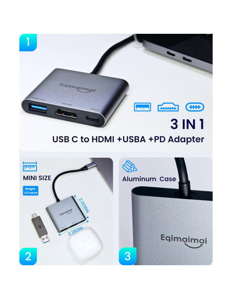 Adaptador HDMI a USB C 4K 60Hz EQIMAIMAI con 100W PD Adaptador HDMI a USB C 4K 60Hz EQIMAIMAI con 100W PD