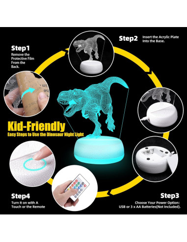 Luz Nocturna Dinosaurio JURHHOEN 3D 16 Colores Control Remoto