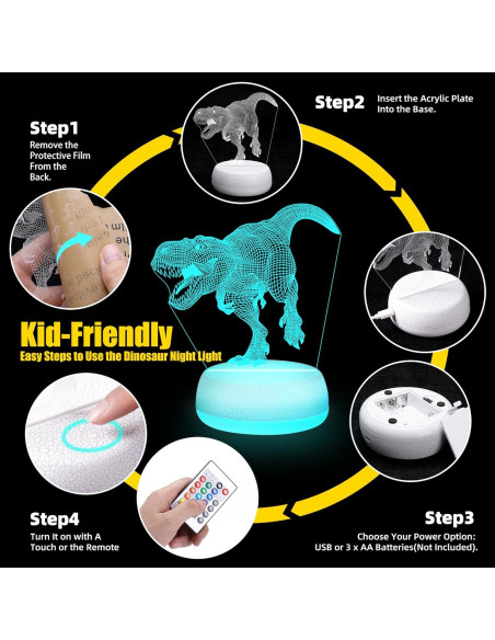 Luz Nocturna Dinosaurio JURHHOEN 3D 16 Colores Control Remoto