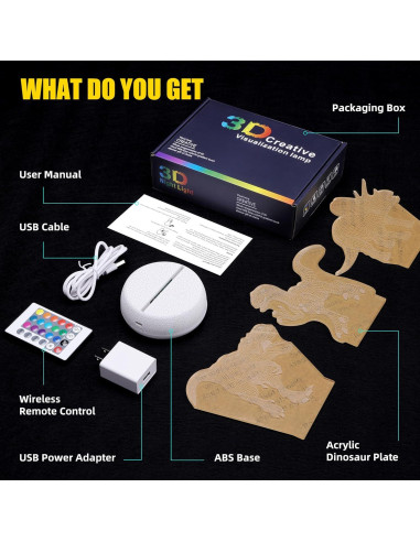 Luz Nocturna Dinosaurio JURHHOEN 3D 16 Colores Control Remoto