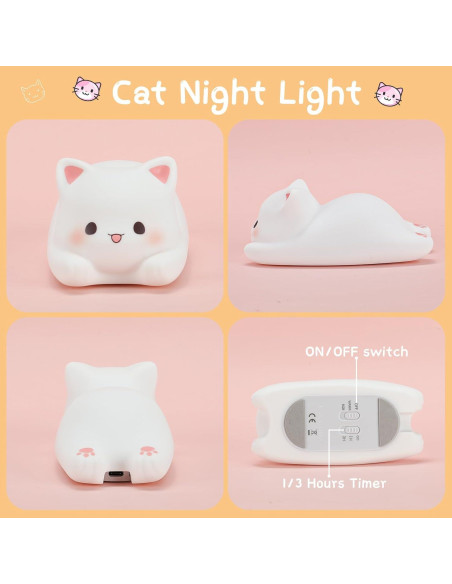 Luz Nocturna Kawaii Gato LOVERUIS 10cm Regulable con Temporizador
