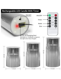 YiaMia Vela LED Recargable con Control Remoto - 3 Piezas 2
