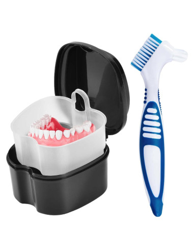 Caja de Baño para Dentaduras KISEER Negra con Cepillo y Cesta