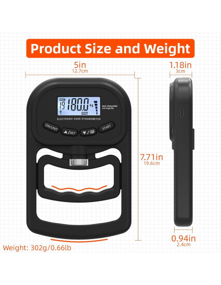 Dinamómetro de Mano Inaepeak 180kg Electrónico Recargable