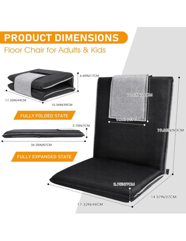 Silla de Meditación Plegable FASTMOMENT 14 Posiciones Lino Negro