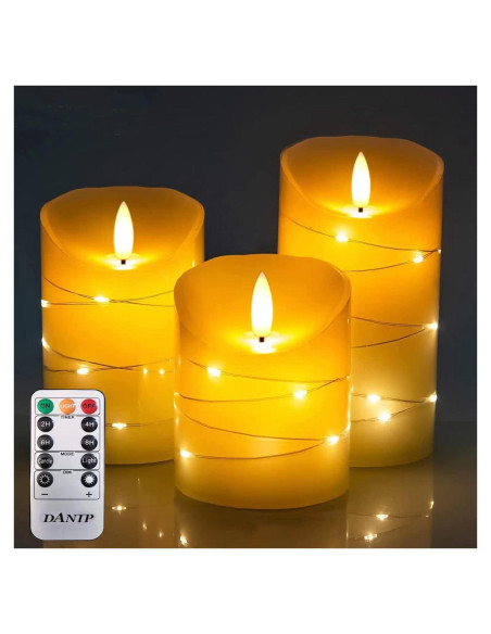 Juego de 3 Velas LED DANIP con Cadena de Luces - Control Remoto