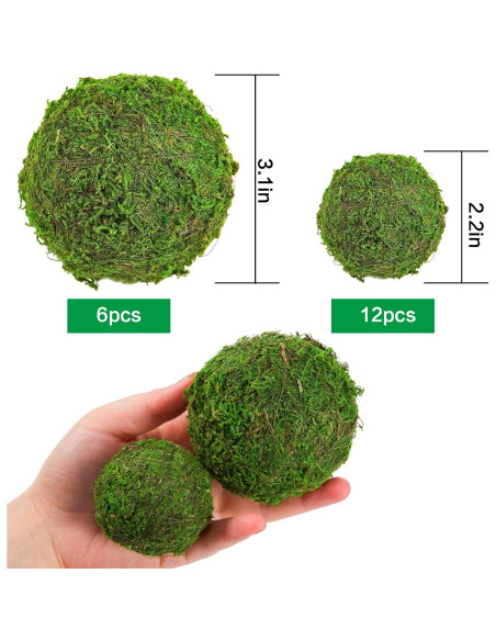 Paquete de 18 bolas de musgo decorativas Biubee - 6 de 7.87 cm y 12 de 5.58 cm