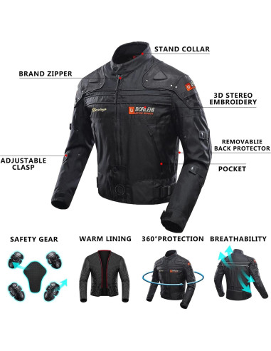 Chaqueta de Motocicleta BORLENI D-020 Negra a Prueba de Viento