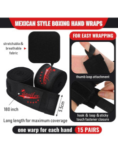 15 Pares Envolturas de Boxeo Jerify 457 cm Nylon Negro 2