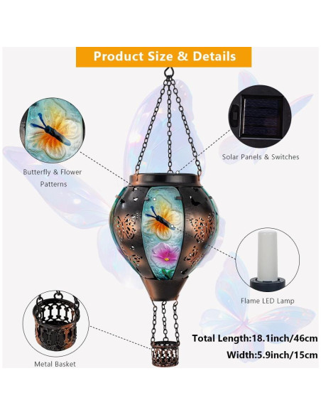 Lámpara Solar Colgante DREAMSOUL Mariposa 46cm Vidrio Metal