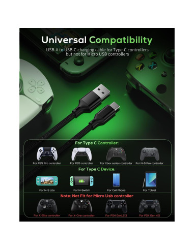 Cargador MENEEA USB C 3m para PS5/Xbox/Switch - Negro