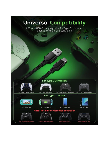 Cargador MENEEA USB C 3m para PS5/Xbox/Switch - Negro