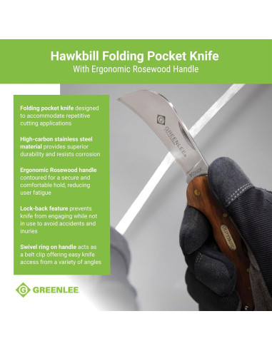 Cuchillo de bolsillo Greenlee 0652-28 Hawkbill con mango de madera