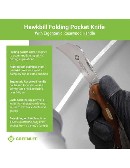 Cuchillo de bolsillo Greenlee 0652-28 Hawkbill con mango de madera