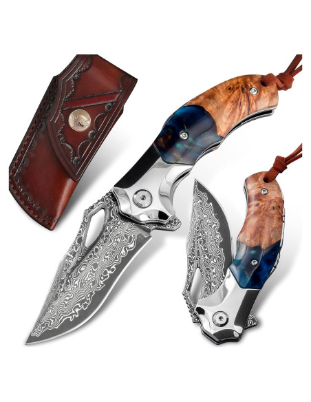 Cuchillo de bolsillo Damasco VNLA con funda de cuero 165mm