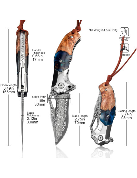 Cuchillo de bolsillo Damasco VNLA con funda de cuero 165mm