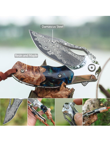 Cuchillo de bolsillo Damasco VNLA con funda de cuero 165mm