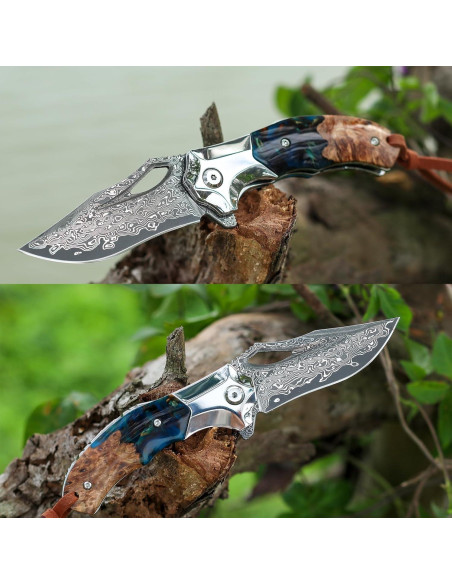 Cuchillo de bolsillo Damasco VNLA con funda de cuero 165mm