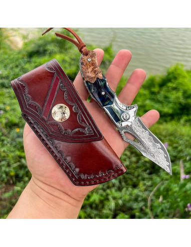 Cuchillo de bolsillo Damasco VNLA con funda de cuero 165mm