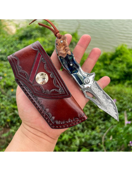 Cuchillo de bolsillo Damasco VNLA con funda de cuero 165mm