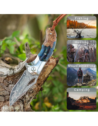 Cuchillo de bolsillo Damasco VNLA con funda de cuero 165mm