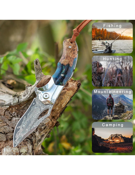 Cuchillo de bolsillo Damasco VNLA con funda de cuero 165mm