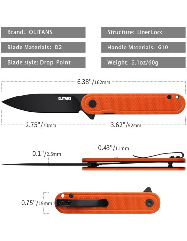 Cuchillo de bolsillo OLITANS G040, acero D2 6.99 cm, mango G10